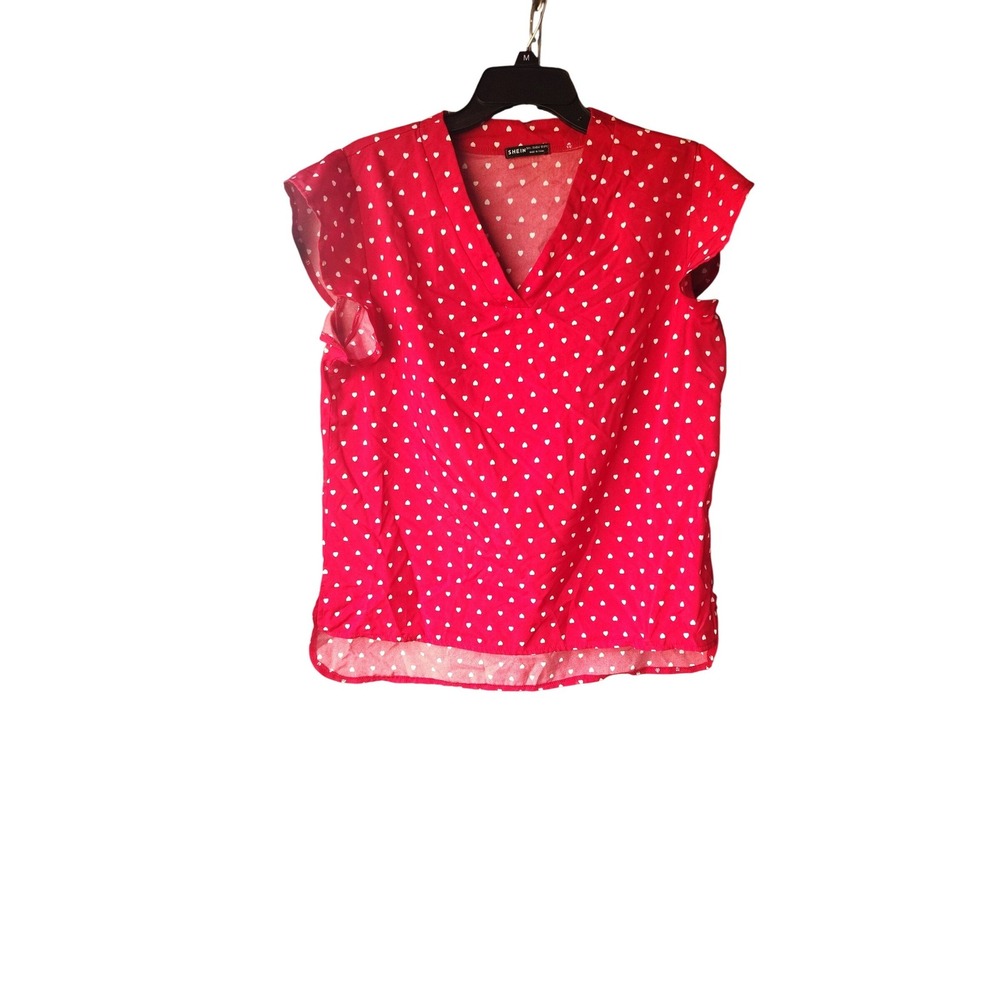 Shein Womens Red Heart Print V-Neck Cap Sleeve Blouse Top Size Large